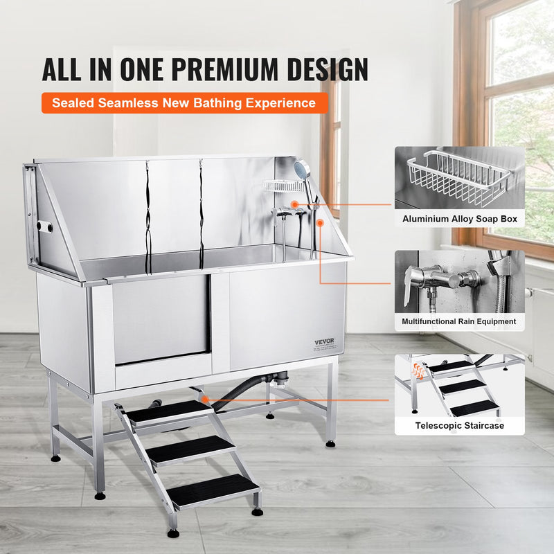 VEVOR 1,57 m profesionāla nerūsējošā tērauda suņu kopšanas vanna ar kāpnēm, ziepju trauku, jaucējkrānu un piederumiem (kreisā puse)