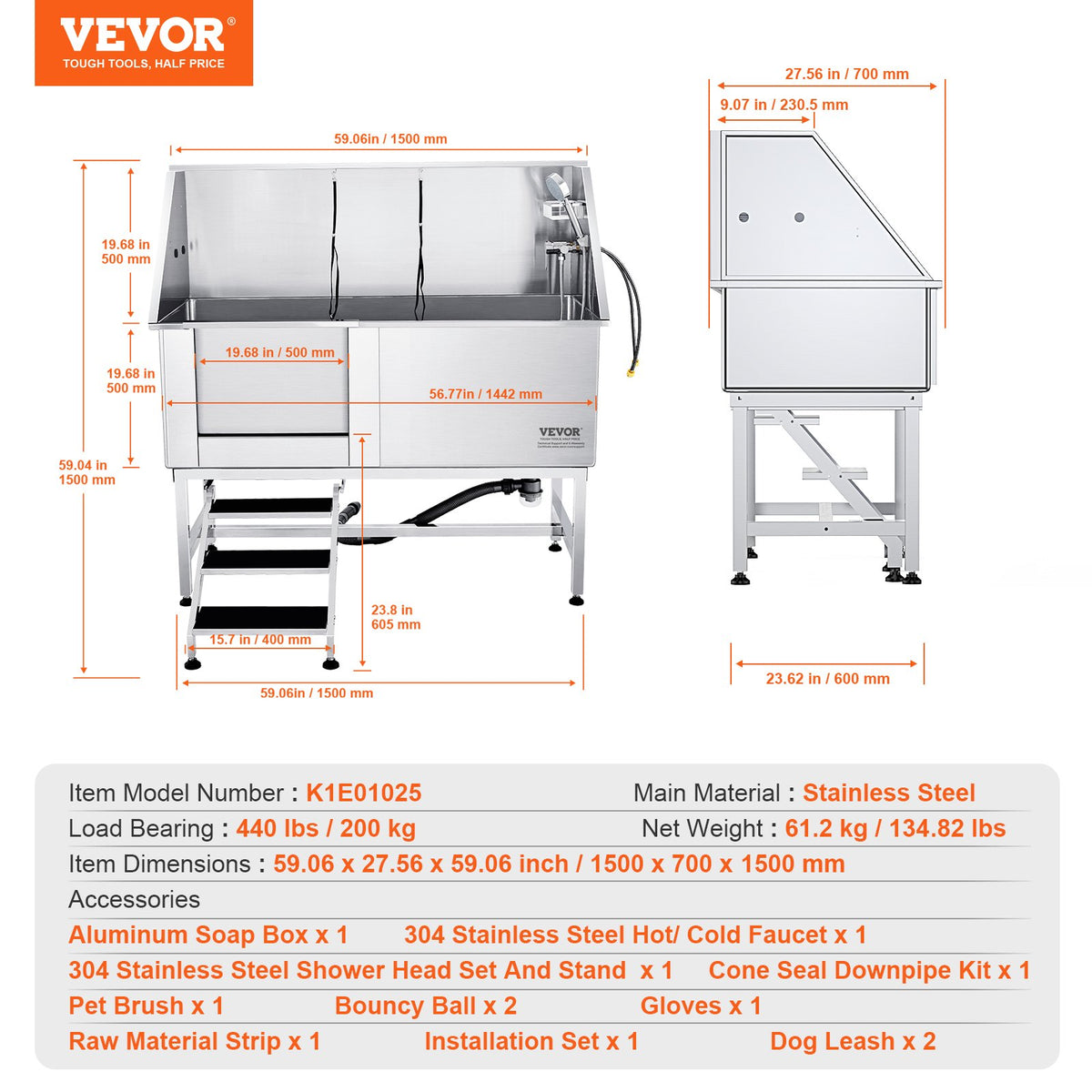 VEVOR Professional Stainless Steel Dog Grooming Bath Tub with Steps, Mixer Tap and Accessories, 157 cm, Left Door