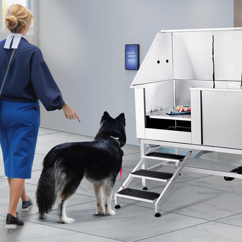 VEVOR 1,57 m profesionāla nerūsējošā tērauda suņu kopšanas vanna ar kāpnēm, ziepju trauku, jaucējkrānu un piederumiem (kreisā puse)