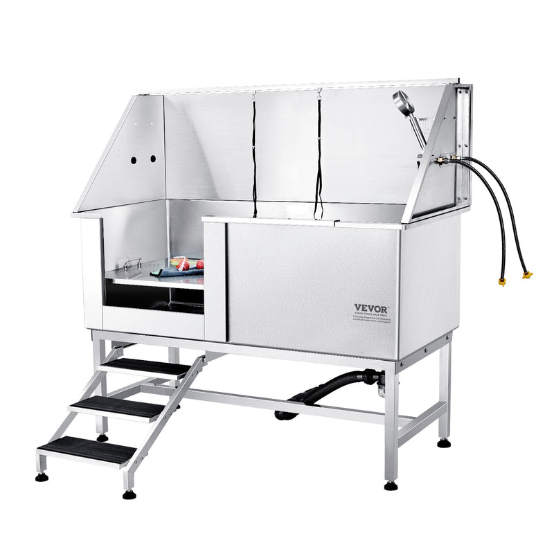 VEVOR 1,57 m profesionāla nerūsējošā tērauda suņu kopšanas vanna ar kāpnēm, ziepju trauku, jaucējkrānu un piederumiem (kreisā puse)