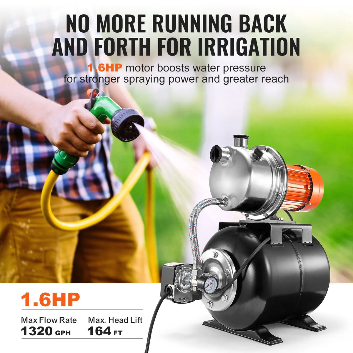 VEVOR Shallow Well Water Pump 1193 W with Pressure Tank, Flow up to 83 l/min, Automatic Watering and Water Pressure Booster Pump with 19 l Tank, Pressure Switch 2/3.4 bar, Stainless Steel Pump Head for Home, Garden and Lawn