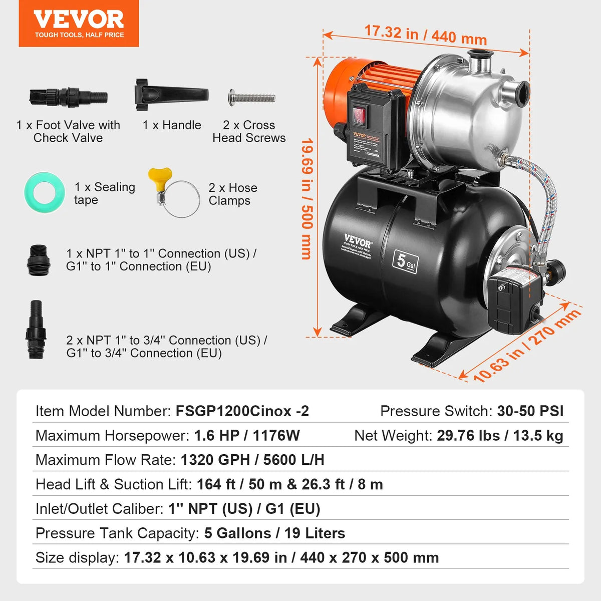 VEVOR Shallow Well Water Pump 1193 W with Pressure Tank, Flow up to 83 l/min, Automatic Watering and Water Pressure Booster Pump with 19 l Tank, Pressure Switch 2/3.4 bar, Stainless Steel Pump Head for Home, Garden and Lawn