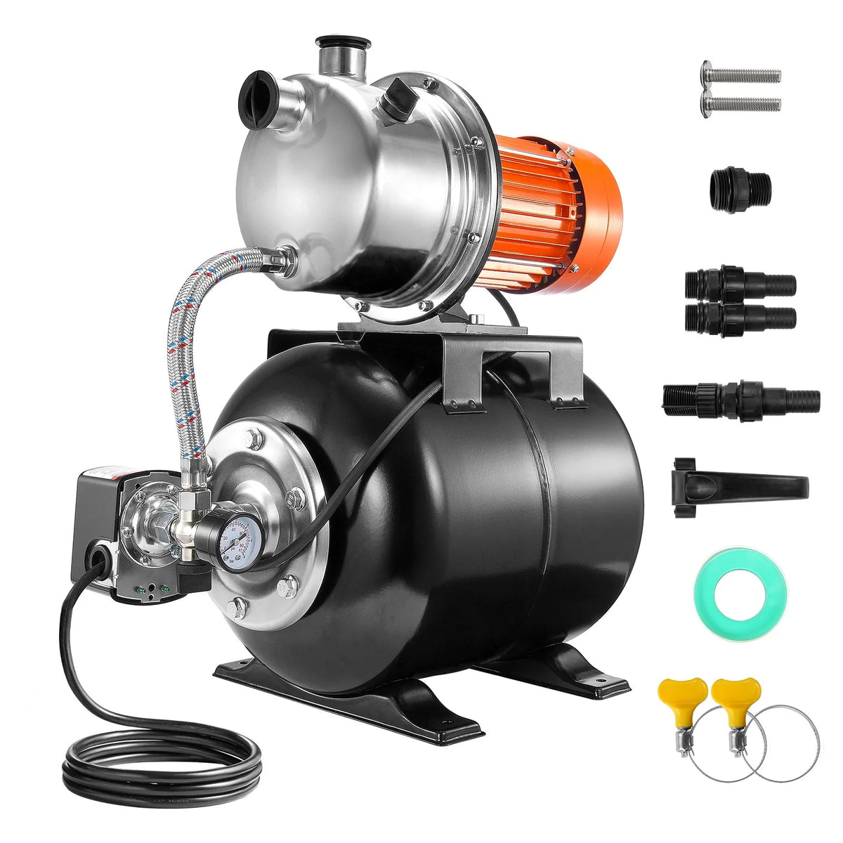 VEVOR Shallow Well Water Pump 1193 W with Pressure Tank, Flow up to 83 l/min, Automatic Watering and Water Pressure Booster Pump with 19 l Tank, Pressure Switch 2/3.4 bar, Stainless Steel Pump Head for Home, Garden and Lawn