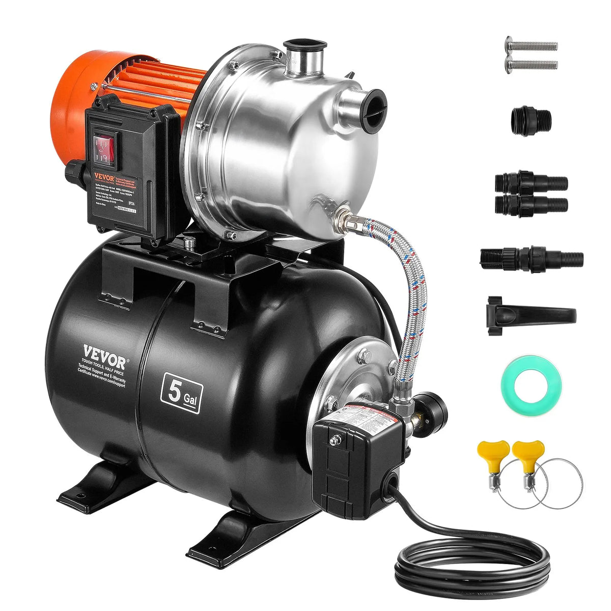 VEVOR Shallow Well Water Pump 745 W with Pressure Tank, Flow up to 63 l/min, Automatic Water Pressure Booster Pump with Lift Height up to 40 m, Pressure Switch 1.4/2.8 bar, Stainless Steel Head