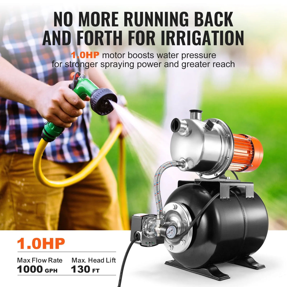 VEVOR Shallow Well Water Pump 745 W with Pressure Tank, Flow up to 63 l/min, Automatic Water Pressure Booster Pump with Lift Height up to 40 m, Pressure Switch 1.4/2.8 bar, Stainless Steel Head