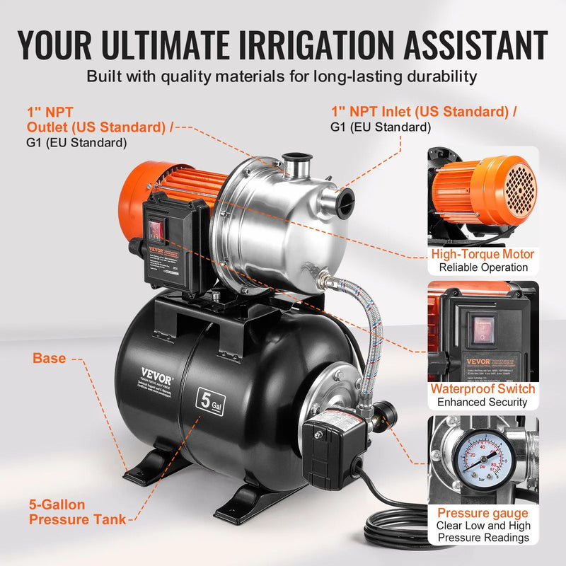 VEVOR seklas akas ūdens sūknis 745 W ar spiediena tvertni, plūsma līdz 63 l/min, automātisks ūdens spiediena pastiprināšanas sūknis ar pacelšanas augstumu līdz 40 m, spiediena slēdzis 1,4/2,8 bar, nerūsējošā tērauda galva