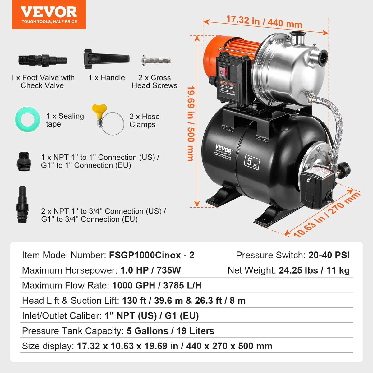 VEVOR Shallow Well Water Pump 745 W with Pressure Tank, Flow up to 63 l/min, Automatic Water Pressure Booster Pump with Lift Height up to 40 m, Pressure Switch 1.4/2.8 bar, Stainless Steel Head
