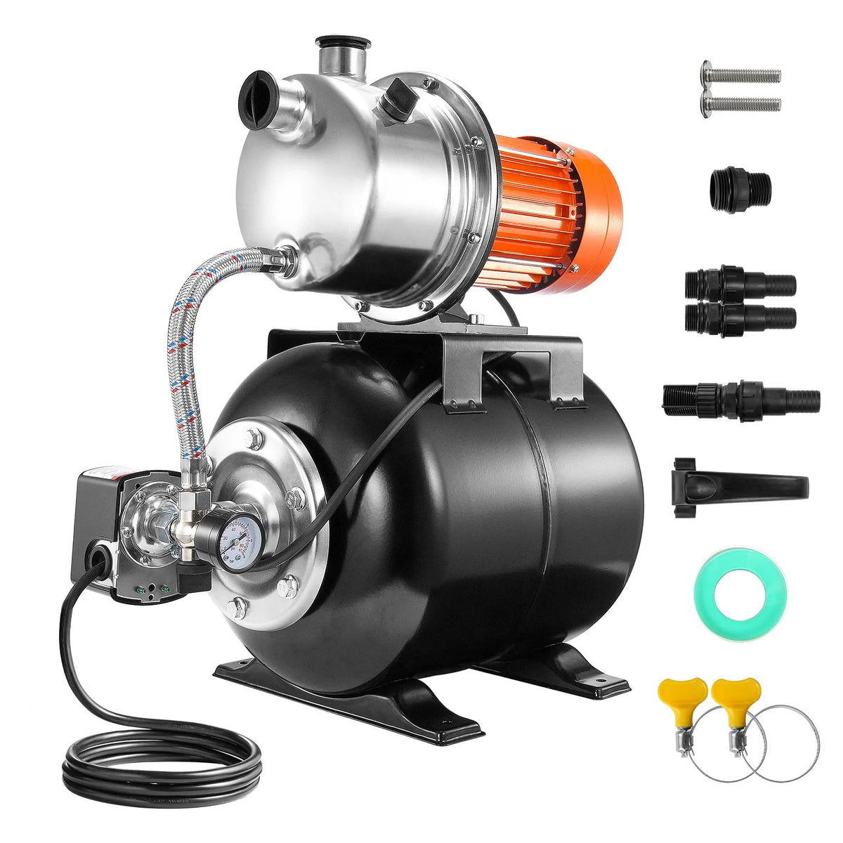 VEVOR Shallow Well Water Pump 745 W with Pressure Tank, Flow up to 63 l/min, Automatic Water Pressure Booster Pump with Lift Height up to 40 m, Pressure Switch 1.4/2.8 bar, Stainless Steel Head