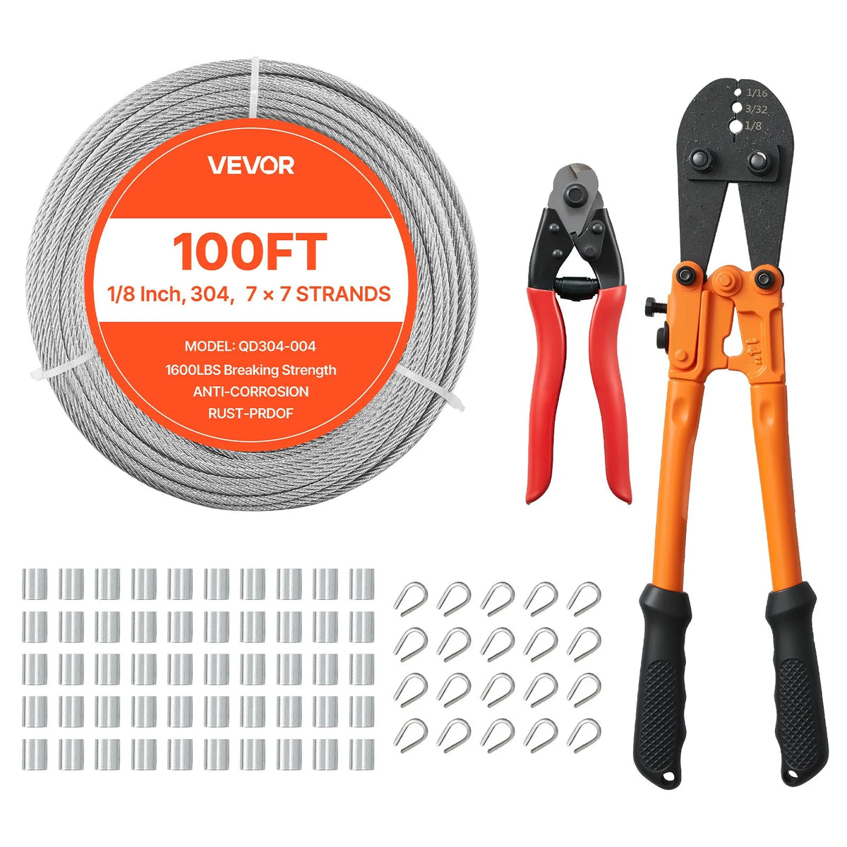 VEVOR tērauda troses komplekts 3,2 mm × 30,5 m, 304 nerūsējošā tērauda trose ar griezēju, pārrāvuma izturība 7,1 kN, 7×7 dzīslu konstrukcija, margām un dārza režģiem