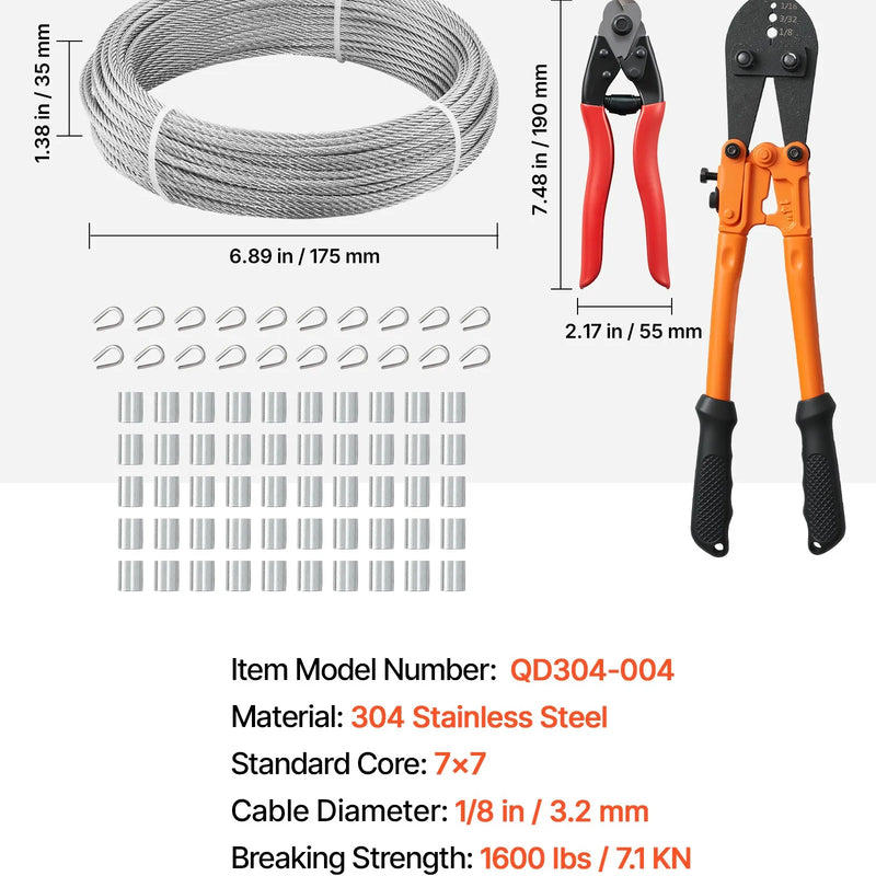VEVOR tērauda troses komplekts 3,2 mm × 30,5 m, 304 nerūsējošā tērauda trose ar griezēju, pārrāvuma izturība 7,1 kN, 7×7 dzīslu konstrukcija, margām un dārza režģiem