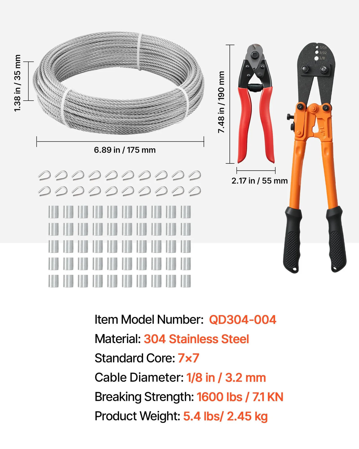 VEVOR tērauda troses komplekts 3,2 mm × 30,5 m, 304 nerūsējošā tērauda trose ar griezēju, pārrāvuma izturība 7,1 kN, 7×7 dzīslu konstrukcija, margām un dārza režģiem