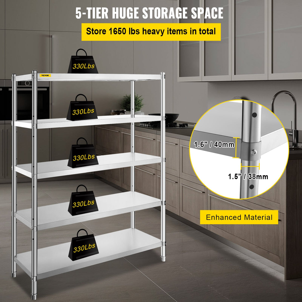 VEVOR Stainless Steel Shelving Unit 122 × 47 cm, 5 Adjustable Levels