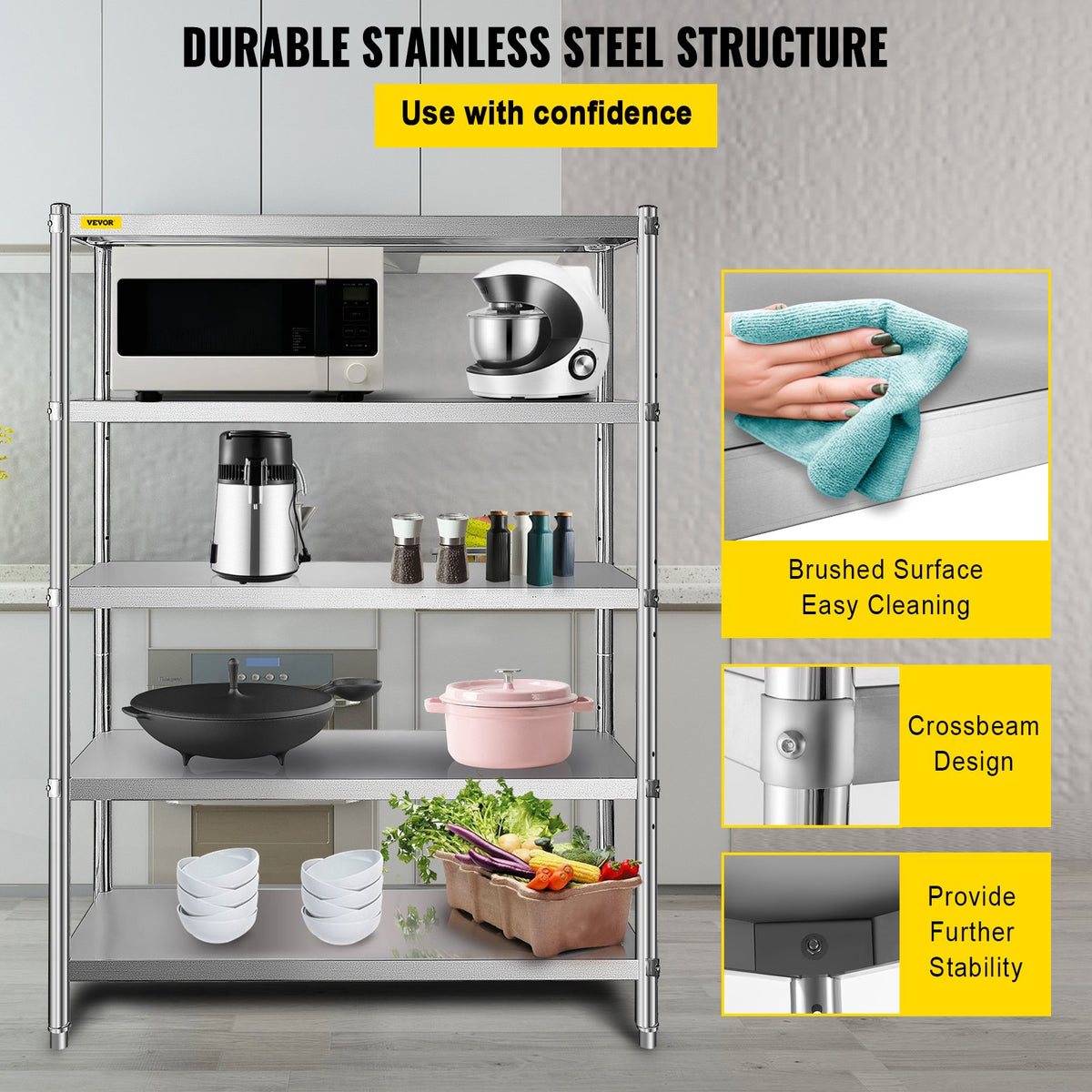 VEVOR Stainless Steel Shelving Unit 122 × 47 cm, 5 Adjustable Levels