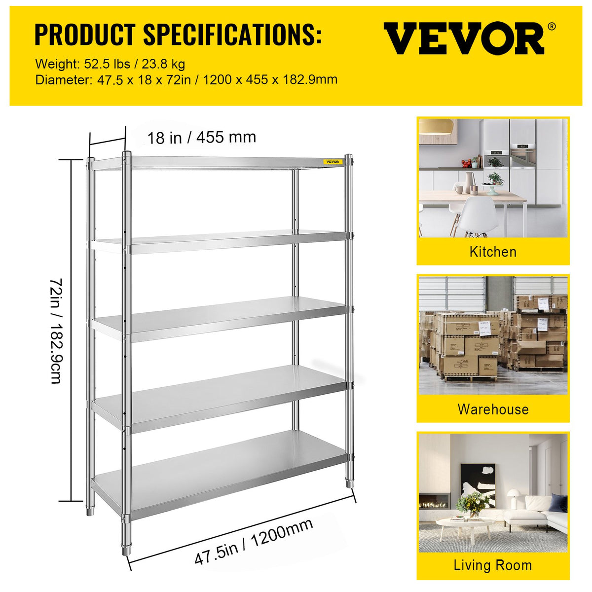 VEVOR Stainless Steel Shelving Unit 122 × 47 cm, 5 Adjustable Levels