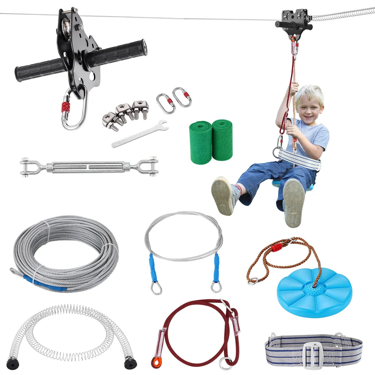 VEVOR zipline komplekts bērniem un pieaugušajiem, 30,48 m trošu nobrauciens līdz 227 kg, ātra uzstādīšana pagalmā, nerūsējošā tērauda trose ar atsperu bremzi, drošības josta un sēdeklis - ZEMLETES.LV