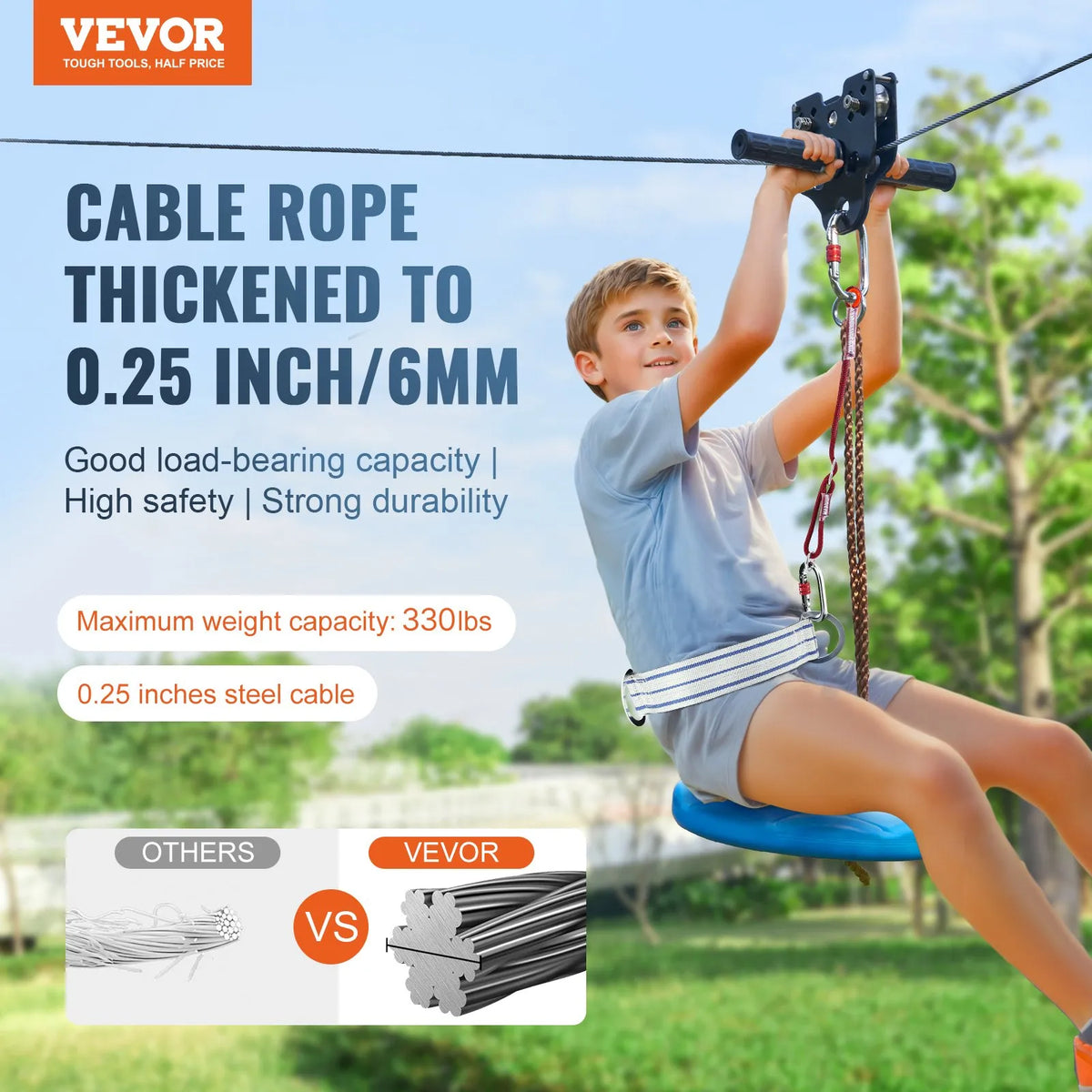 VEVOR zipline komplekts bērniem un pieaugušajiem, 30,48 m trošu nobrauciens līdz 227 kg, ātra uzstādīšana pagalmā, nerūsējošā tērauda trose ar atsperu bremzi, drošības josta un sēdeklis - ZEMLETES.LV