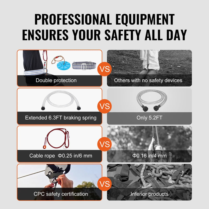 VEVOR zipline komplekts bērniem un pieaugušajiem, 30,48 m trošu nobrauciens līdz 227 kg, ātra uzstādīšana pagalmā, nerūsējošā tērauda trose ar atsperu bremzi, drošības josta un sēdeklis