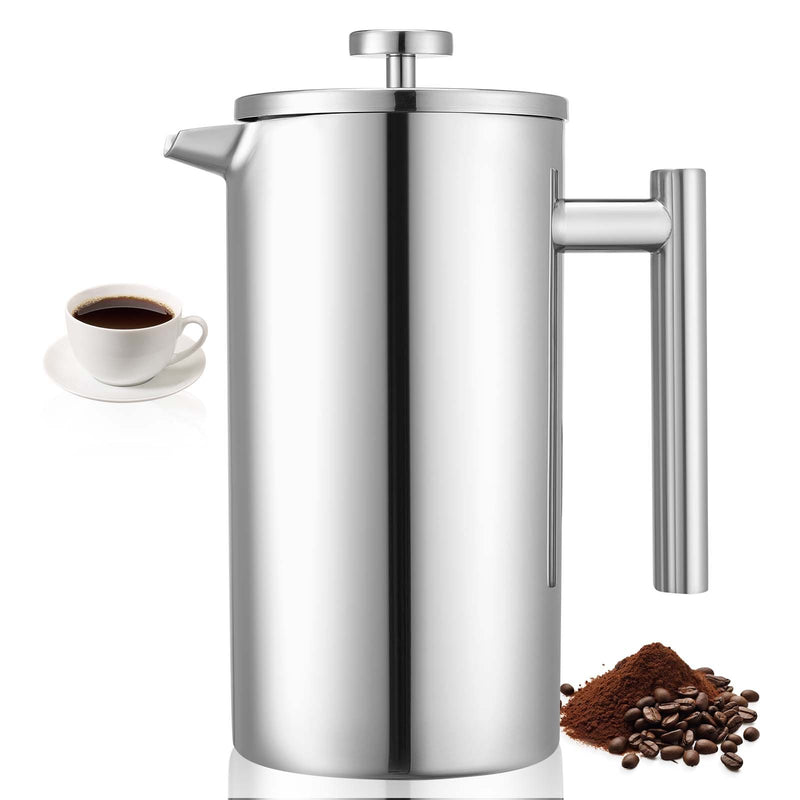 French Press kafijas kanna 1,5 L nerūsējošais tērauds ar filtru, dubultsienu termoizolēta, sudraba