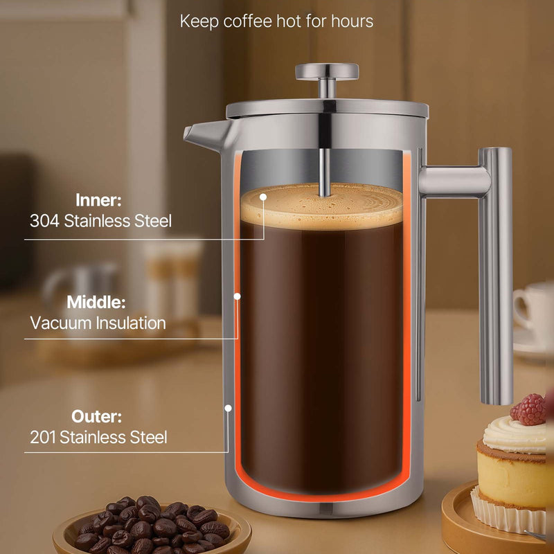 French Press kafijas kanna 1,5 L nerūsējošais tērauds ar filtru, dubultsienu termoizolēta, sudraba