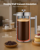 French Press kafijas kanna 1,5 L nerūsējošais tērauds ar filtru, dubultsienu termoizolēta, sudraba