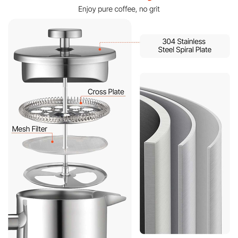French Press kafijas kanna 1,5 L nerūsējošais tērauds ar filtru, dubultsienu termoizolēta, sudraba