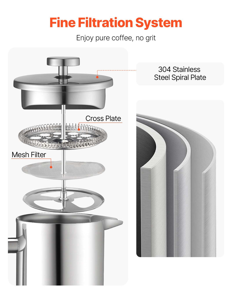French Press kafijas kanna 1,5 L nerūsējošais tērauds ar filtru, dubultsienu termoizolēta, sudraba