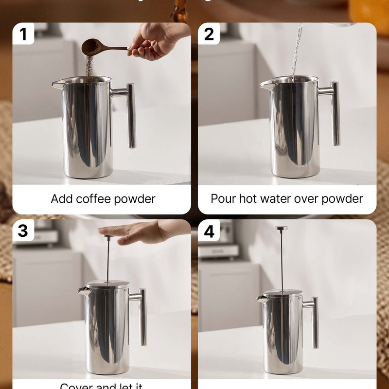 French Press kafijas kanna 1,5 L nerūsējošais tērauds ar filtru, dubultsienu termoizolēta, sudraba