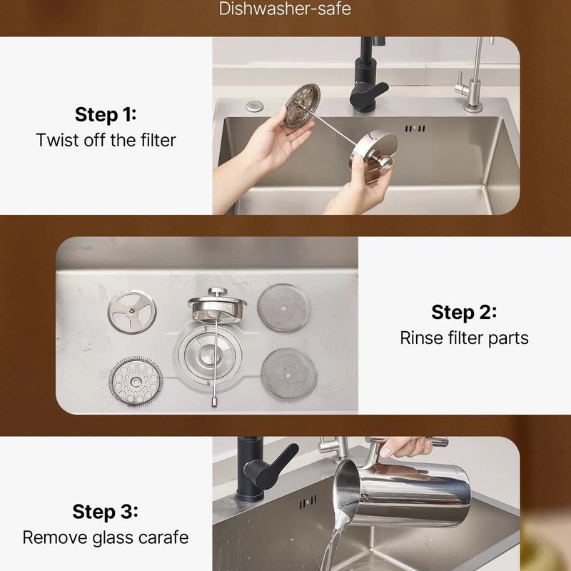 French Press kafijas kanna 1,5 L nerūsējošais tērauds ar filtru, dubultsienu termoizolēta, sudraba