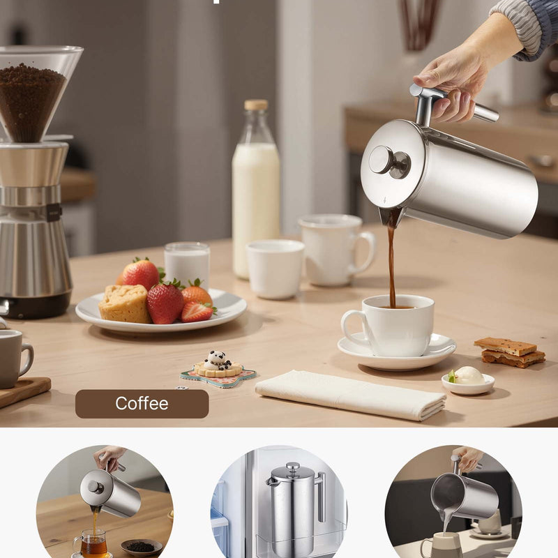 French Press kafijas kanna 1,5 L nerūsējošais tērauds ar filtru, dubultsienu termoizolēta, sudraba