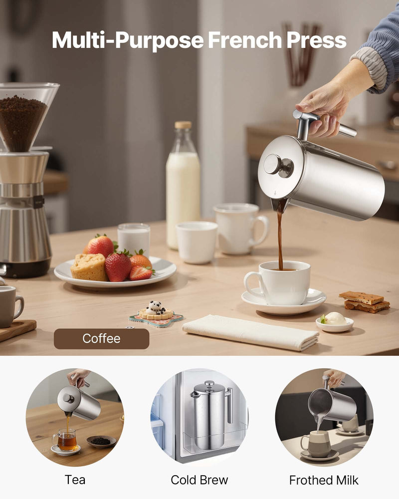 French Press kafijas kanna 1,5 L nerūsējošais tērauds ar filtru, dubultsienu termoizolēta, sudraba