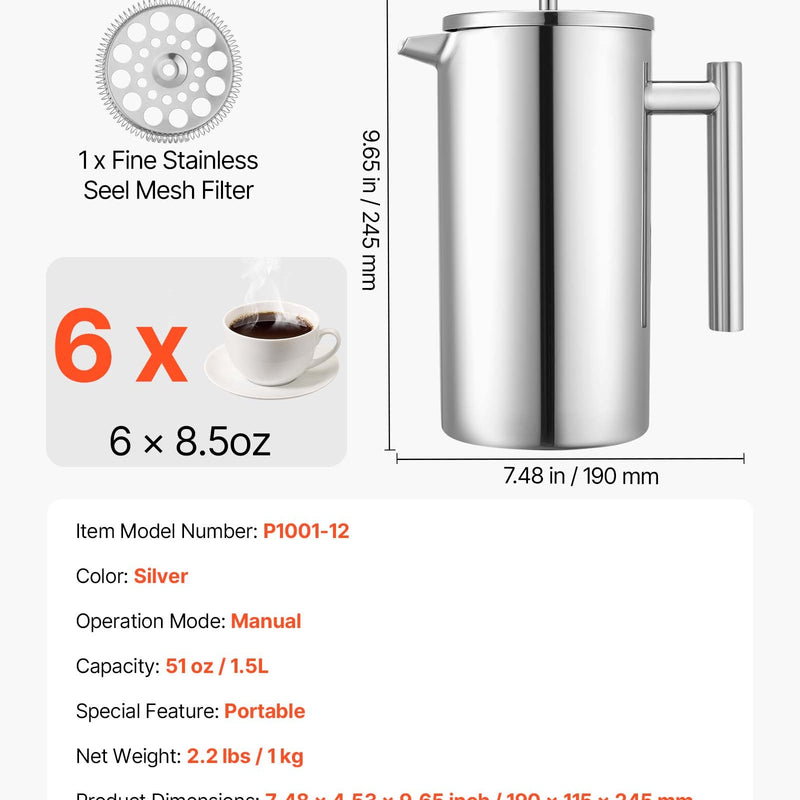 French Press kafijas kanna 1,5 L nerūsējošais tērauds ar filtru, dubultsienu termoizolēta, sudraba
