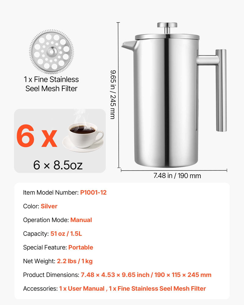 French Press kafijas kanna 1,5 L nerūsējošais tērauds ar filtru, dubultsienu termoizolēta, sudraba