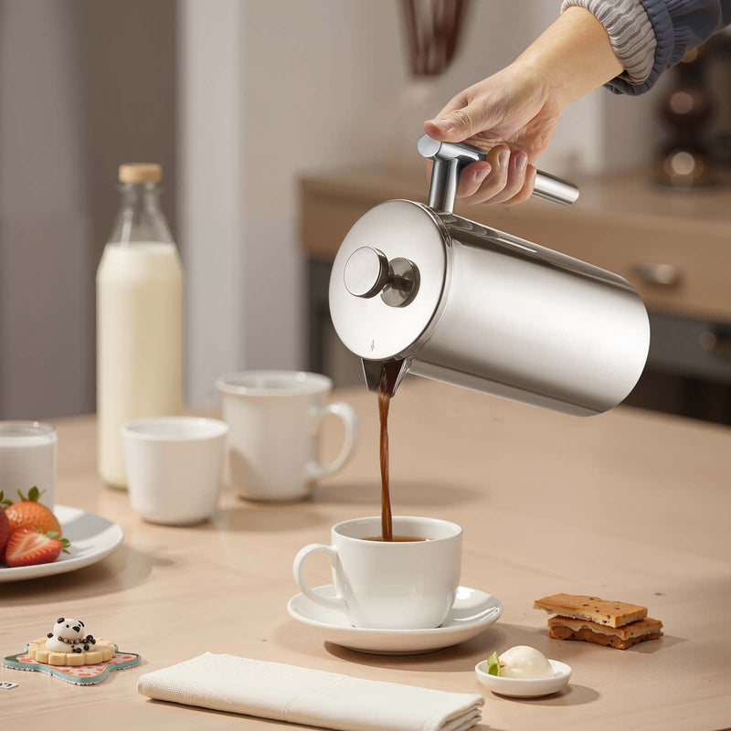 French Press kafijas kanna 1,5 L nerūsējošais tērauds ar filtru, dubultsienu termoizolēta, sudraba