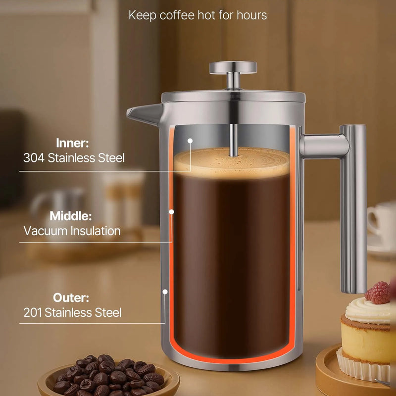 Franču kafijas prese, 1 l nerūsējošā tērauda ar filtru, dubultsienu termoizolācija, piemērota kafijai un tējai, aukstajai brūvēšanai, kempingam, ceļošanai un mājas virtuvei, sudraba krāsa