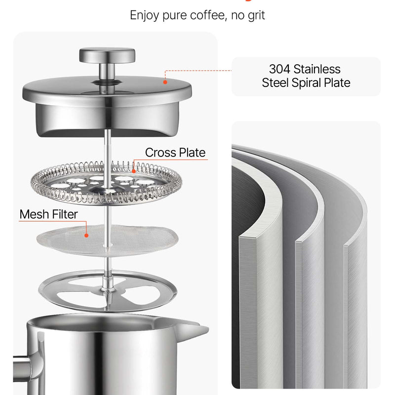 Franču kafijas prese, 1 l nerūsējošā tērauda ar filtru, dubultsienu termoizolācija, piemērota kafijai un tējai, aukstajai brūvēšanai, kempingam, ceļošanai un mājas virtuvei, sudraba krāsa