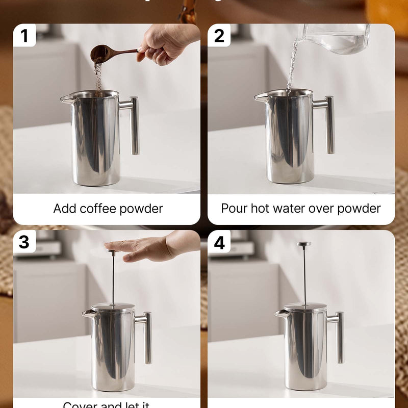 Franču kafijas prese, 1 l nerūsējošā tērauda ar filtru, dubultsienu termoizolācija, piemērota kafijai un tējai, aukstajai brūvēšanai, kempingam, ceļošanai un mājas virtuvei, sudraba krāsa