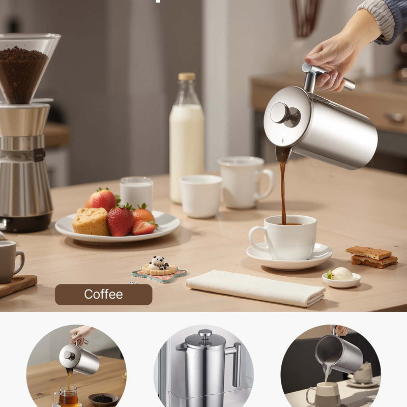 Franču kafijas prese, 1 l nerūsējošā tērauda ar filtru, dubultsienu termoizolācija, piemērota kafijai un tējai, aukstajai brūvēšanai, kempingam, ceļošanai un mājas virtuvei, sudraba krāsa