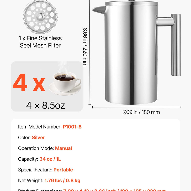 Franču kafijas prese, 1 l nerūsējošā tērauda ar filtru, dubultsienu termoizolācija, piemērota kafijai un tējai, aukstajai brūvēšanai, kempingam, ceļošanai un mājas virtuvei, sudraba krāsa