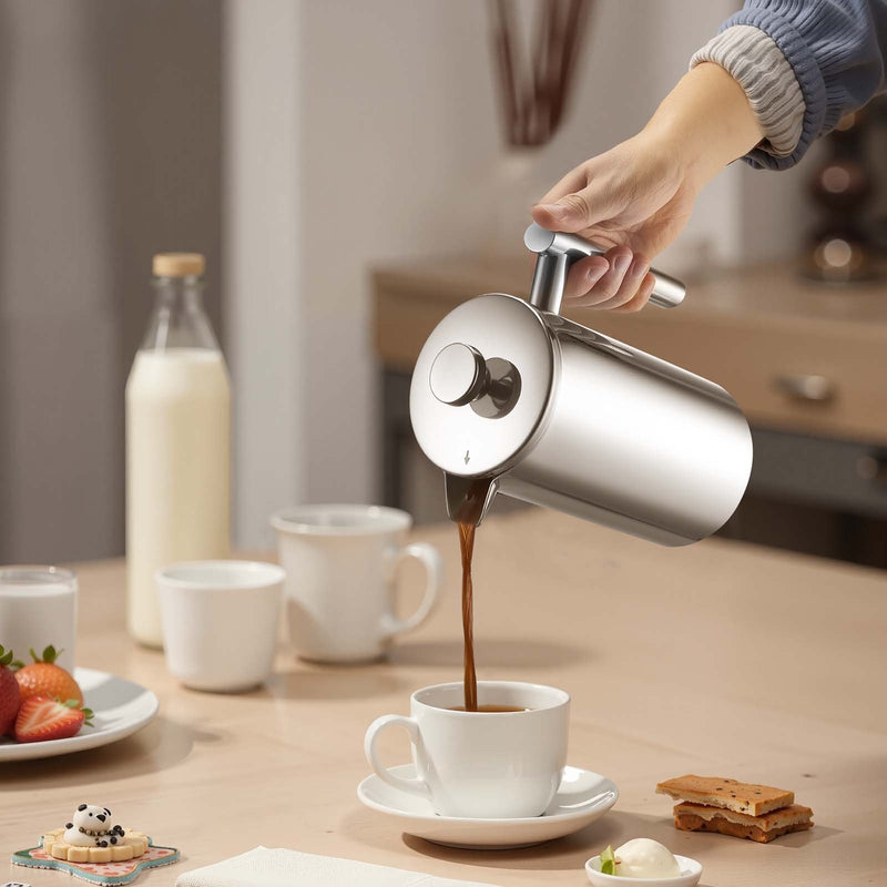 Franču kafijas prese, 1 l nerūsējošā tērauda ar filtru, dubultsienu termoizolācija, piemērota kafijai un tējai, aukstajai brūvēšanai, kempingam, ceļošanai un mājas virtuvei, sudraba krāsa