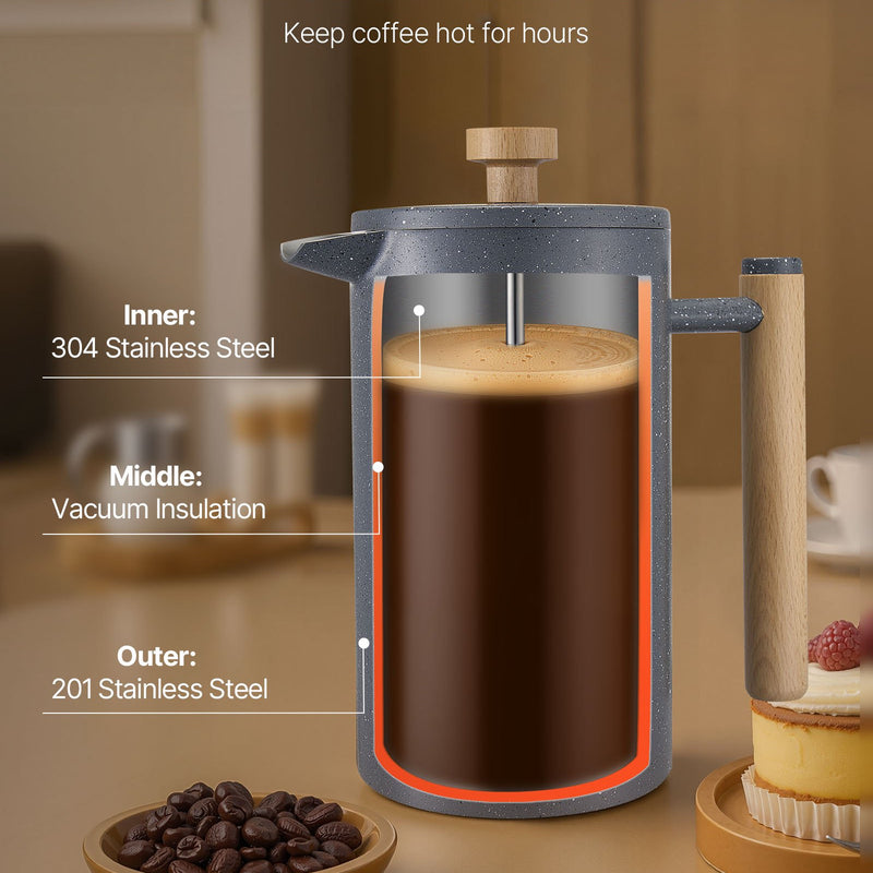 Franču kafijas prese, 1 l nerūsējošā tērauda ar filtru, dubultsienu termoizolācija, piemērota kafijai, tējai un aukstajai brūvēšanai, kempingam, ceļošanai un mājas virtuvei, melna krāsa