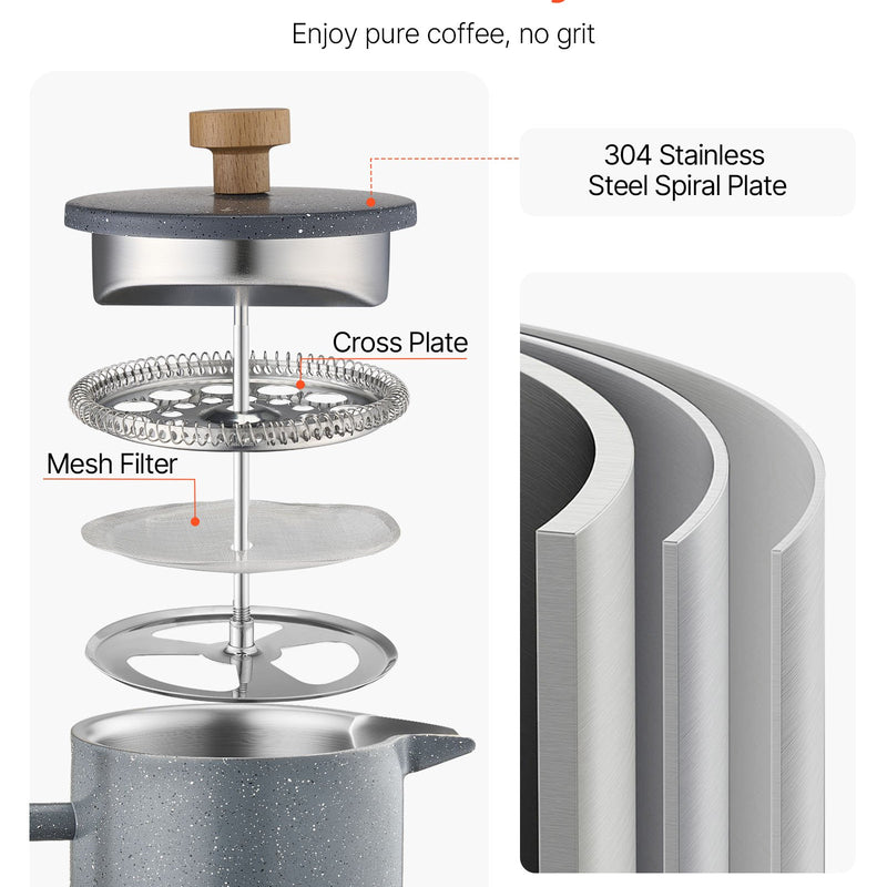 Franču kafijas prese, 1 l nerūsējošā tērauda ar filtru, dubultsienu termoizolācija, piemērota kafijai, tējai un aukstajai brūvēšanai, kempingam, ceļošanai un mājas virtuvei, melna krāsa