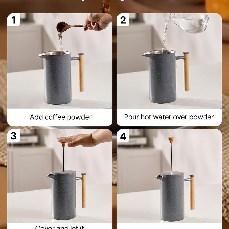 Franču kafijas prese, 1 l nerūsējošā tērauda ar filtru, dubultsienu termoizolācija, piemērota kafijai, tējai un aukstajai brūvēšanai, kempingam, ceļošanai un mājas virtuvei, melna krāsa