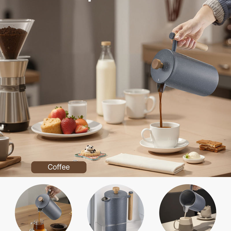 Franču kafijas prese, 1 l nerūsējošā tērauda ar filtru, dubultsienu termoizolācija, piemērota kafijai, tējai un aukstajai brūvēšanai, kempingam, ceļošanai un mājas virtuvei, melna krāsa