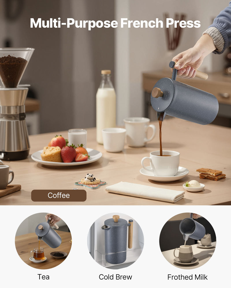 Franču kafijas prese, 1 l nerūsējošā tērauda ar filtru, dubultsienu termoizolācija, piemērota kafijai, tējai un aukstajai brūvēšanai, kempingam, ceļošanai un mājas virtuvei, melna krāsa