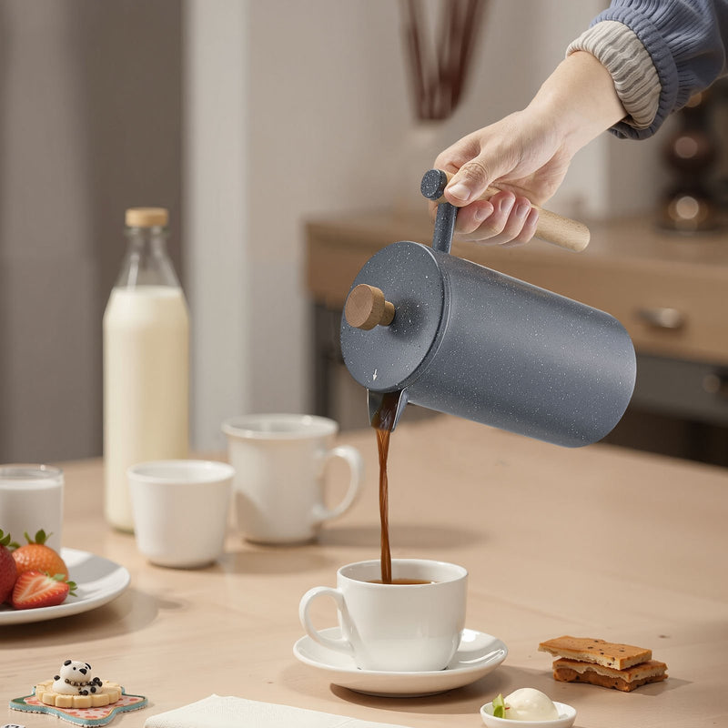 Franču kafijas prese, 1 l nerūsējošā tērauda ar filtru, dubultsienu termoizolācija, piemērota kafijai, tējai un aukstajai brūvēšanai, kempingam, ceļošanai un mājas virtuvei, melna krāsa
