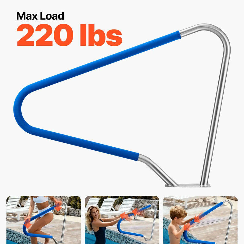 VEVOR baseina margas, 122 × 91,5 cm baseina roku balsts, kravnesība līdz 100 kg, izturīgs 304 nerūsējošā tērauda peldbaseina roku balsts, noņemama neslīdoša uzmava, bagātīgs piederumu komplekts baseina malai, ūdens atrakciju parkiem un SPA centriem