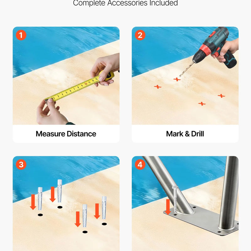 VEVOR baseina margas, 122 × 91,5 cm baseina roku balsts, kravnesība līdz 100 kg, izturīgs 304 nerūsējošā tērauda peldbaseina roku balsts, noņemama neslīdoša uzmava, bagātīgs piederumu komplekts baseina malai, ūdens atrakciju parkiem un SPA centriem