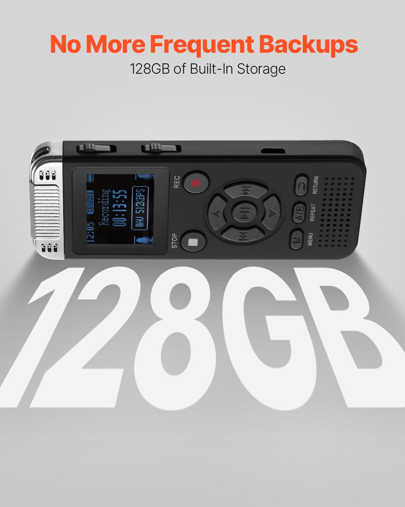 VEVOR digitālais balss ierakstītājs, 128 GB, ar balss aktivizēšanu, USB un MP3 atbalstu