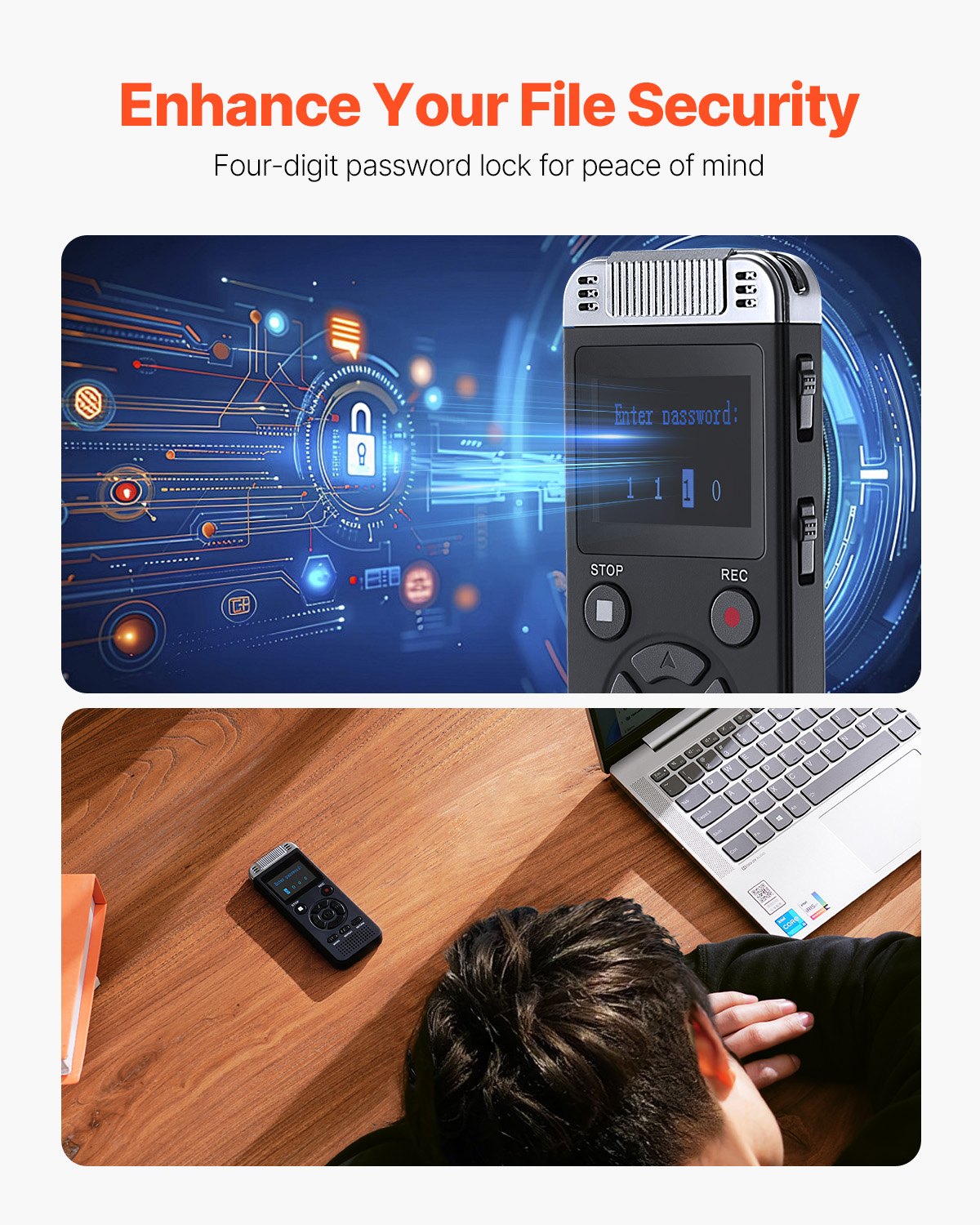 VEVOR digitālais balss ierakstītājs, 128 GB, ar balss aktivizēšanu, USB un MP3 atbalstu