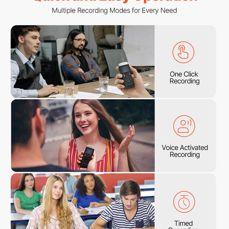 VEVOR digitālais balss ierakstītājs, 128 GB, ar balss aktivizēšanu, USB un MP3 atbalstu